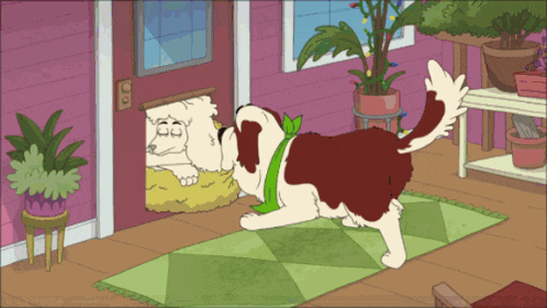 a cartoon of a dog looking out a doorway