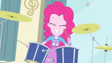 pinkie pie from my little pony is playing drums and smiling .