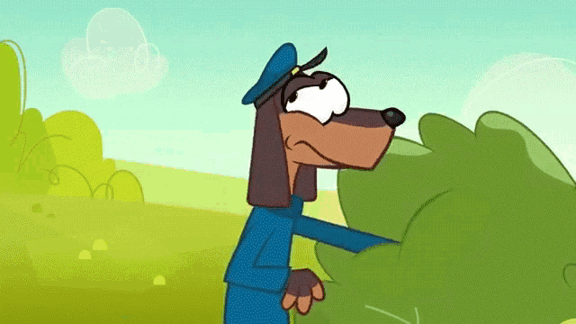 a cartoon dog wearing a blue hat and a blue shirt