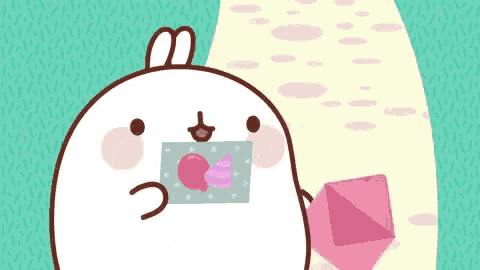 a cartoon rabbit is holding a pink balloon in its mouth .