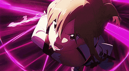 a girl is holding a sword in her hand in a cartoon .