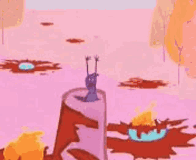 a cartoon character is standing on top of a stump .