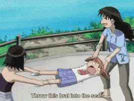 a cartoon of a girl laying on the ground with the caption throw this brat into the sea !