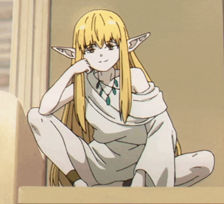 a girl with long blonde hair and elf ears sits on a balcony