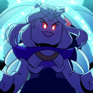 a cartoon character with red eyes is standing in front of a blue light