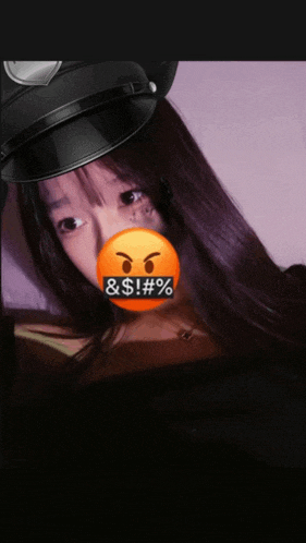 a girl wearing a police hat has a smiley face covering her mouth with the words & $ ! # % on it