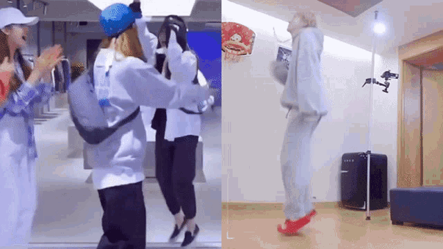 two women are standing next to each other in a room