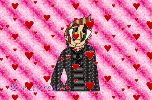 a cartoon character is surrounded by red hearts on a pink and white background