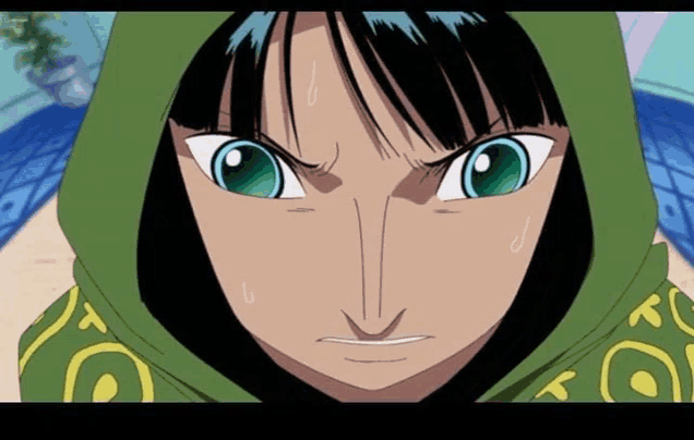a close up of robin from one piece with a green hood on