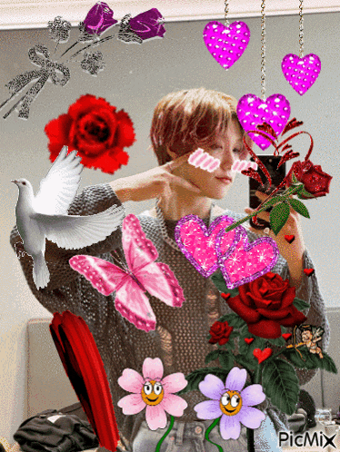 a picture of a person surrounded by flowers and hearts with a picmix watermark