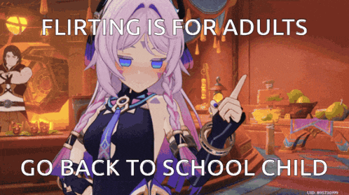 a girl in a video game says flirting is for adults and go back to school child