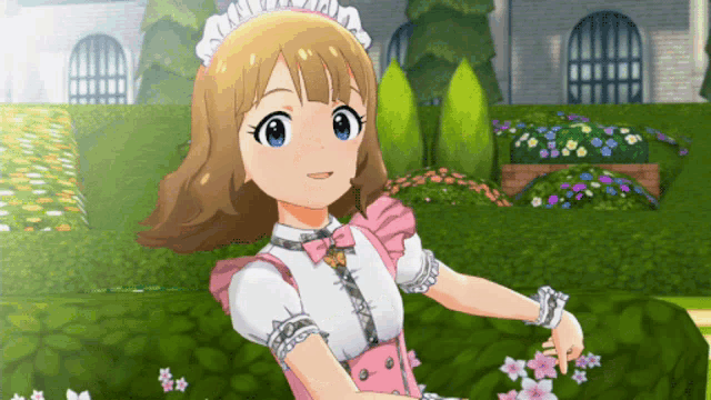 a girl in a maid outfit is standing in a garden with flowers