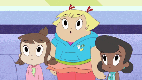 a cartoon of three girls standing next to each other with one wearing a blue shirt with a bird on it