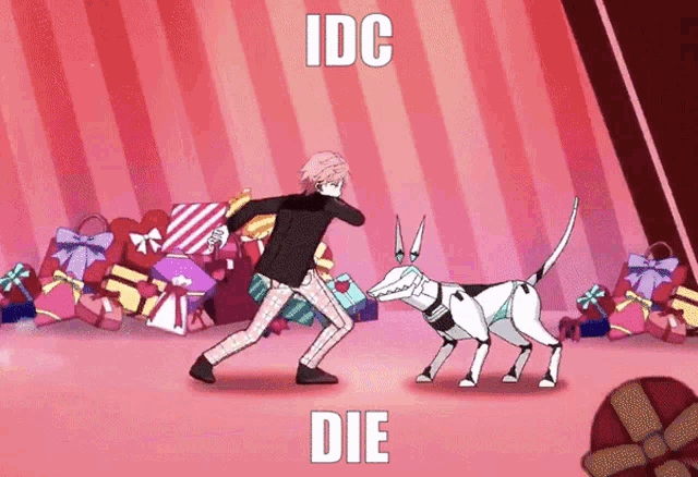a cartoon of a man dancing with a robotic dog with the words idc die below him