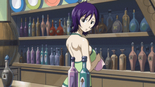 a girl with purple hair is standing in front of a shelf full of bottles including one that says " a "