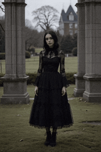a woman in a black dress is standing in front of a building