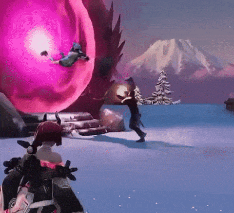 a person is standing in front of a large purple object in a video game with a mountain in the background .