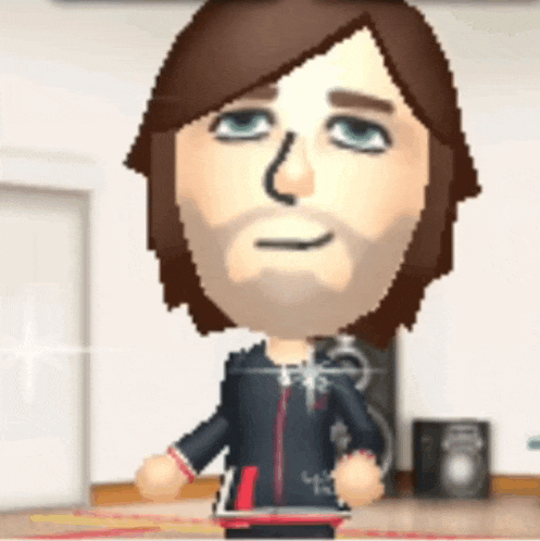 a man with a beard is wearing a black jacket and red sleeves
