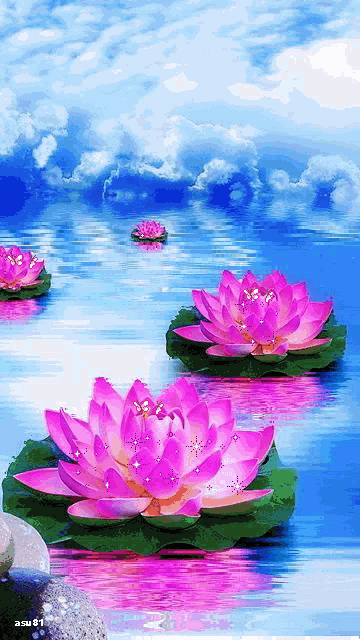 a group of pink lotus flowers are floating in the water .