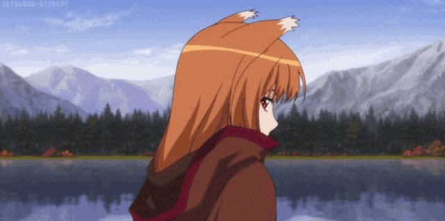 a girl with fox ears stands in front of a lake and mountains