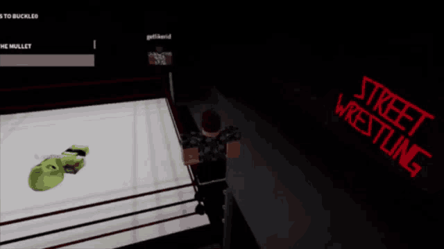 shrek is laying on the ground in a wrestling ring with street wrestling written on the wall