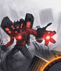 a robot with a red light on his arm is flying through the air .