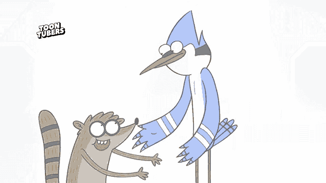 a cartoon of a blue bird hugging a raccoon with the words toon tubers behind them