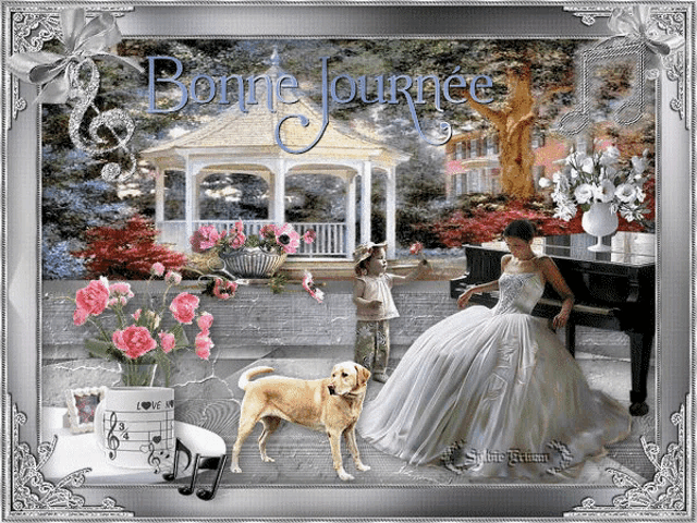 a greeting card with a woman in a wedding dress playing a piano and a dog