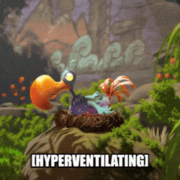 a cartoon bird is sitting in a nest with the words hyperventilating below it