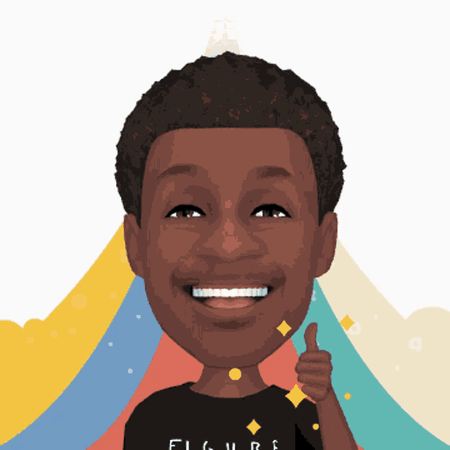 a cartoon of a man giving a thumbs up with the word figure on his shirt