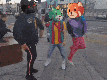 a group of people dancing on a sidewalk with a man wearing a jacket that says ' space city ' on the front