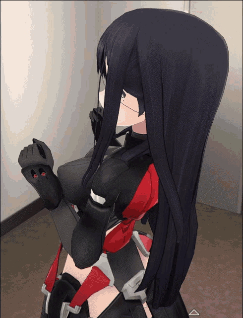 a girl with long black hair is wearing a black suit