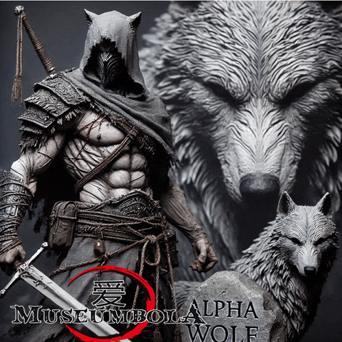 a statue of a man with a sword standing next to a wolf with the words museumboi alpha wolf below it
