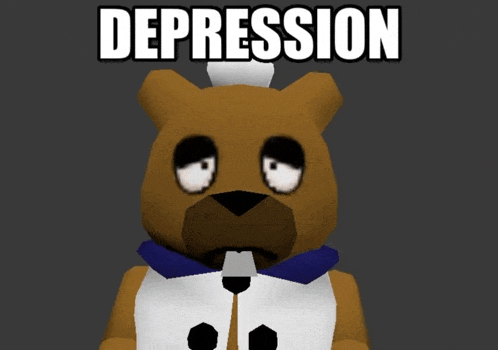 a brown bear with a white shirt and a purple collar has the word depression above his head