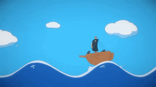 a cartoon of a boat in the ocean with clouds in the sky