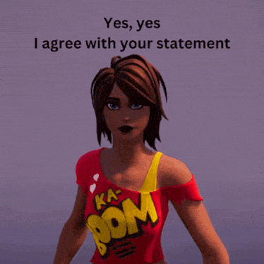 a woman wearing a red ka boom shirt stands in front of a sign that says " yes yes i agree with your statement "