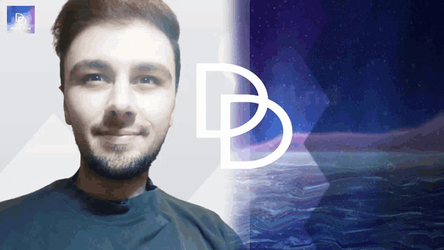 a man with a beard is smiling in front of a purple background with a letter b