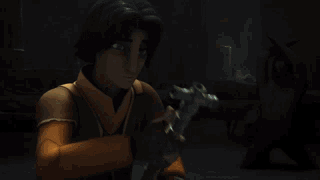 a cartoon character holding a green light saber