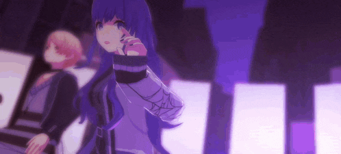 a girl with blue hair is standing next to a boy in a purple room .