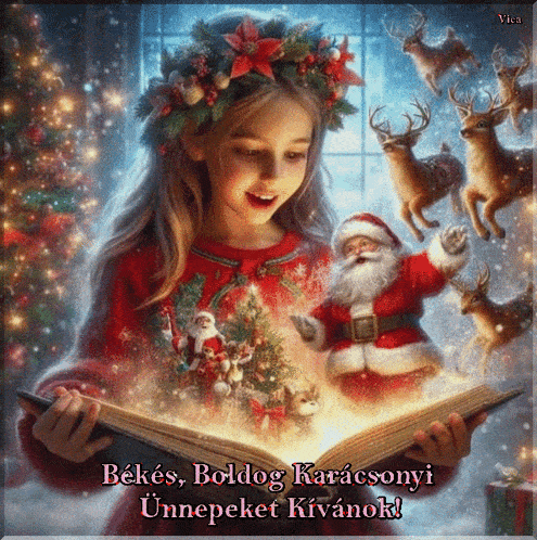 a girl with a wreath on her head is reading a book with santa and reindeer in the background