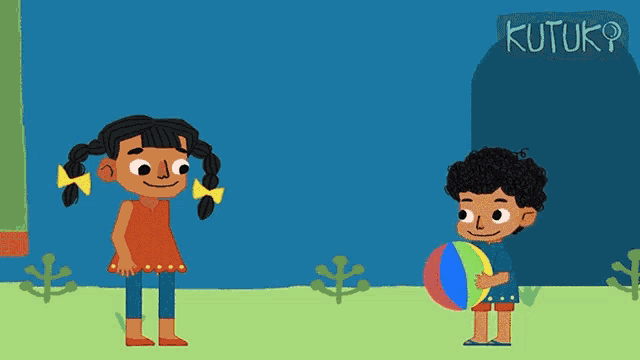 a boy and a girl are playing with a ball in front of a building that says " kutuko "