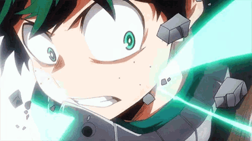 a close up of a anime character 's face with green eyes