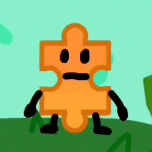 a puzzle piece with black arms and legs is sitting on a grassy field .