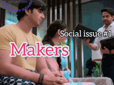a couple sitting on a couch with the words social issue # 1 makers on the bottom