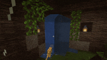a waterfall in a minecraft world with a lantern on the wall