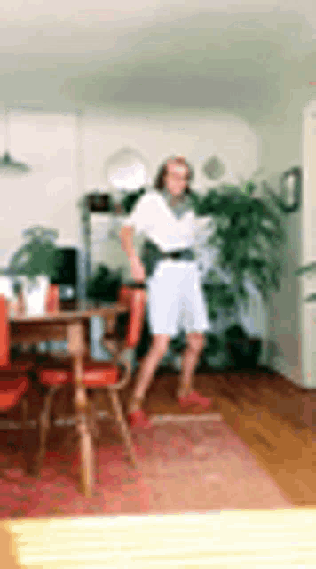 a blurry picture of a woman dancing in a living room with a table and chairs .