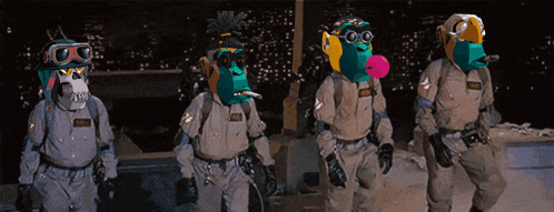 a group of ghostbusters are standing next to each other and one of them is blowing a pink bubble