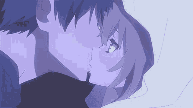 a man and a woman are kissing in a purple and blue anime scene