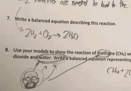 a drawing of a skull on a piece of paper with the words " write a balanced equation describing this reaction " on it
