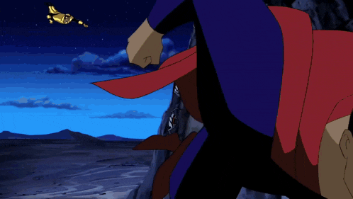 a cartoon character with a red cape is standing on a hill